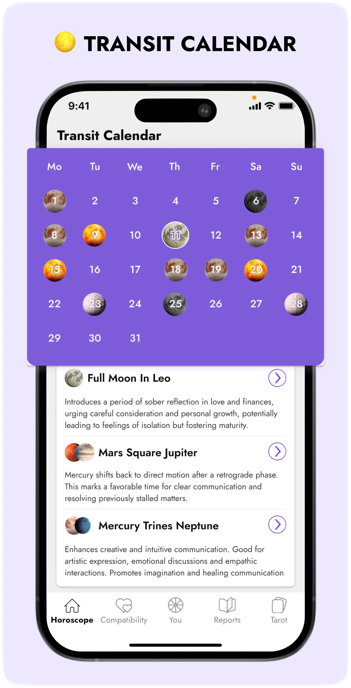 AstroBella Transit Calendar Screen