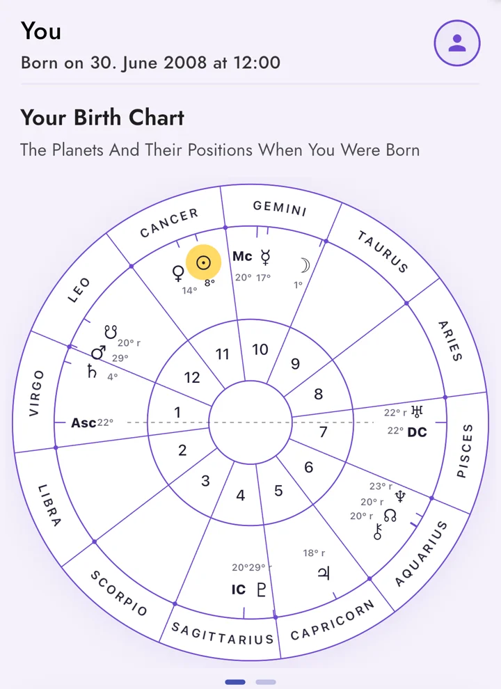 The interactive birth chart in the AstroBella app